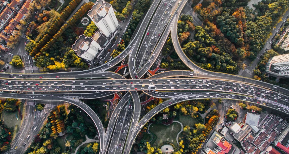 Aerial view of congested highways